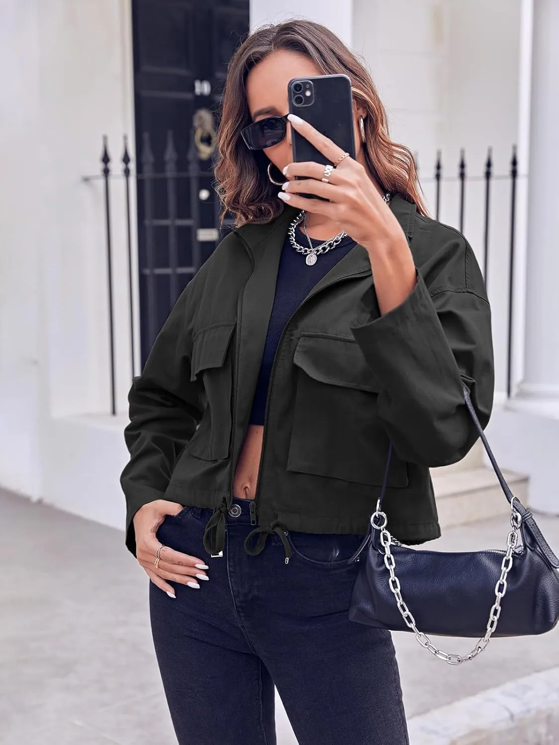 Tankaneo Women Casual Cropped Jackets Zip Up Lightweight Military Safari Short Utility Coat with Pockets