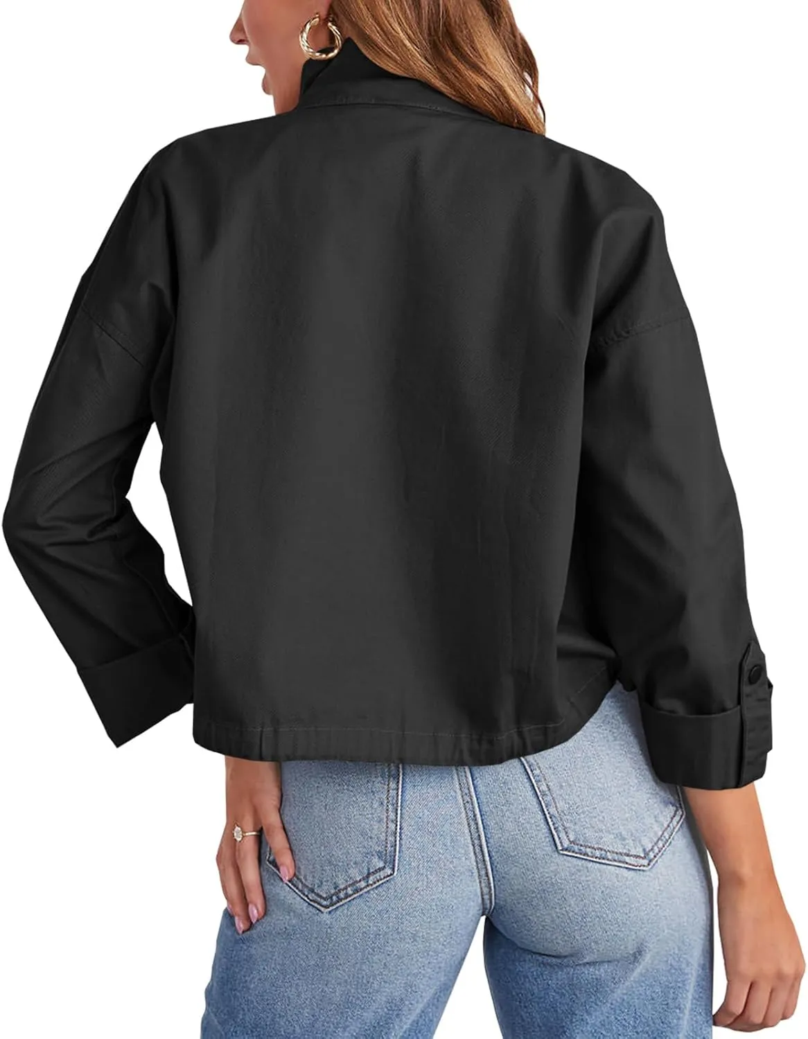 Tankaneo Women Casual Cropped Jackets Zip Up Lightweight Military Safari Short Utility Coat with Pockets