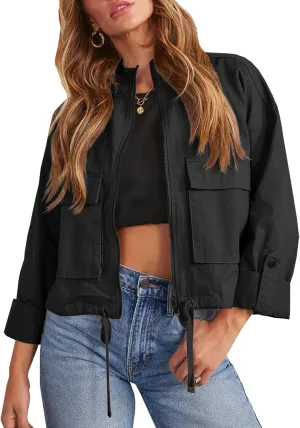 Tankaneo Women Casual Cropped Jackets Zip Up Lightweight Military Safari Short Utility Coat with Pockets