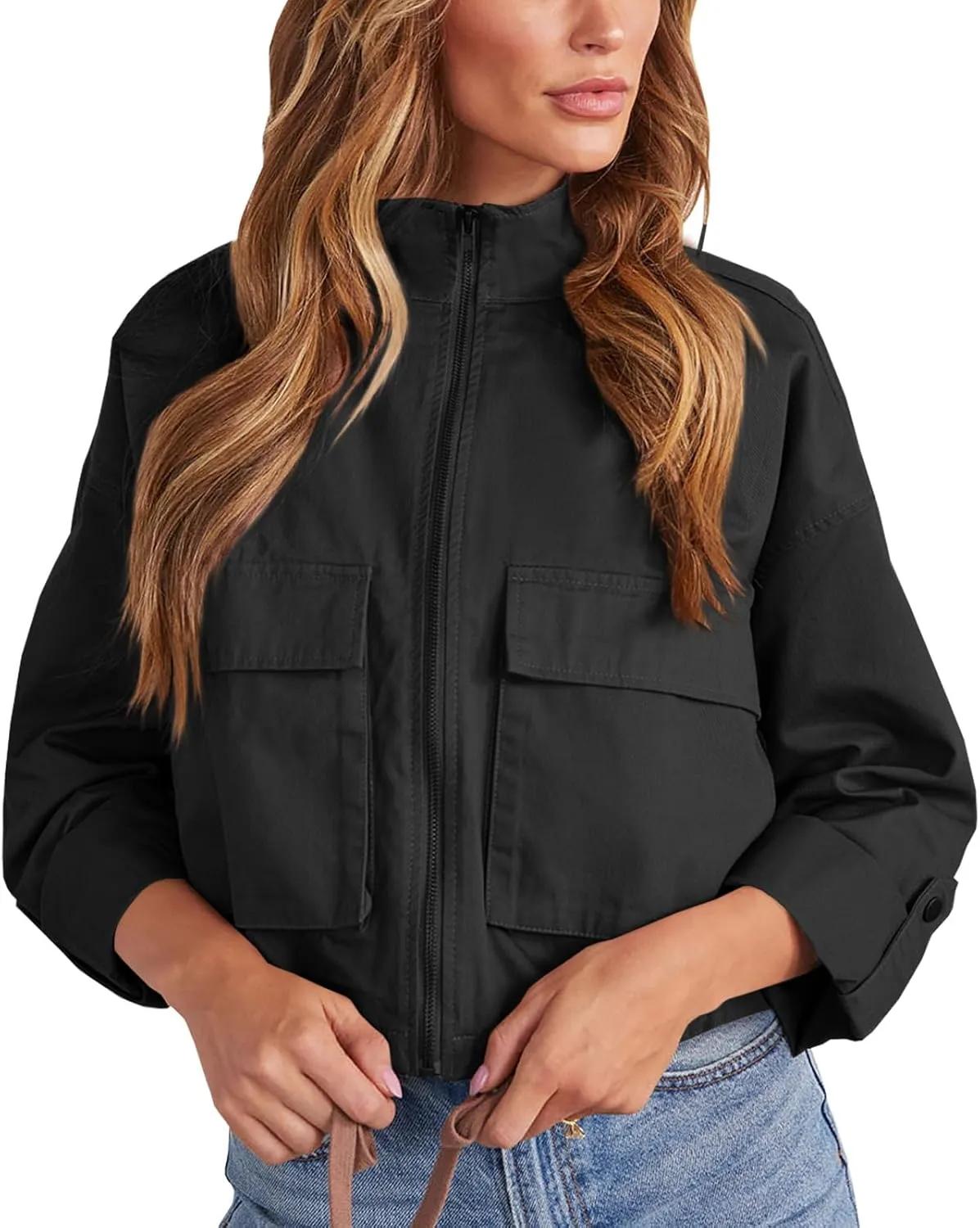 Tankaneo Women Casual Cropped Jackets Zip Up Lightweight Military Safari Short Utility Coat with Pockets