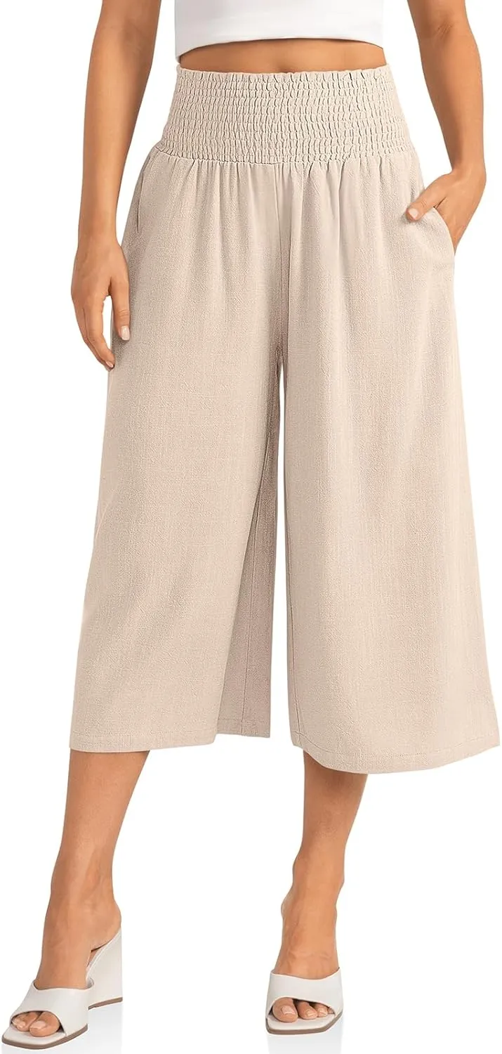 TARSE Womens Linen Palazzo Capri Pants Boho Summer Smocked High Waist Wide Leg Casual Loose Trousers with Pockets Flowy Pants