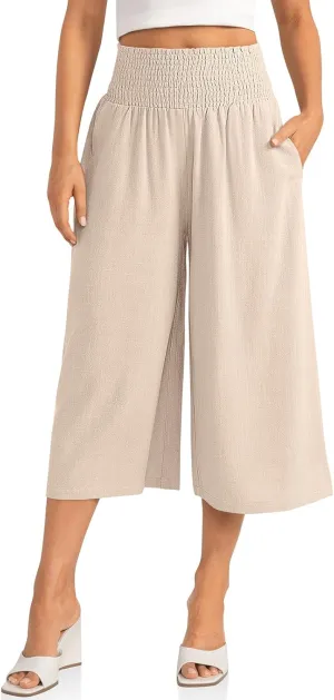 TARSE Womens Linen Palazzo Capri Pants Boho Summer Smocked High Waist Wide Leg Casual Loose Trousers with Pockets Flowy Pants