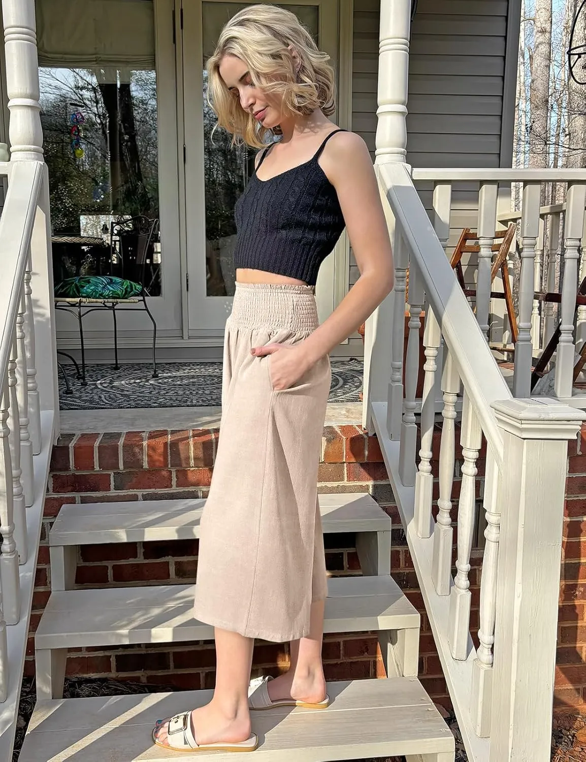 TARSE Womens Linen Palazzo Capri Pants Boho Summer Smocked High Waist Wide Leg Casual Loose Trousers with Pockets Flowy Pants
