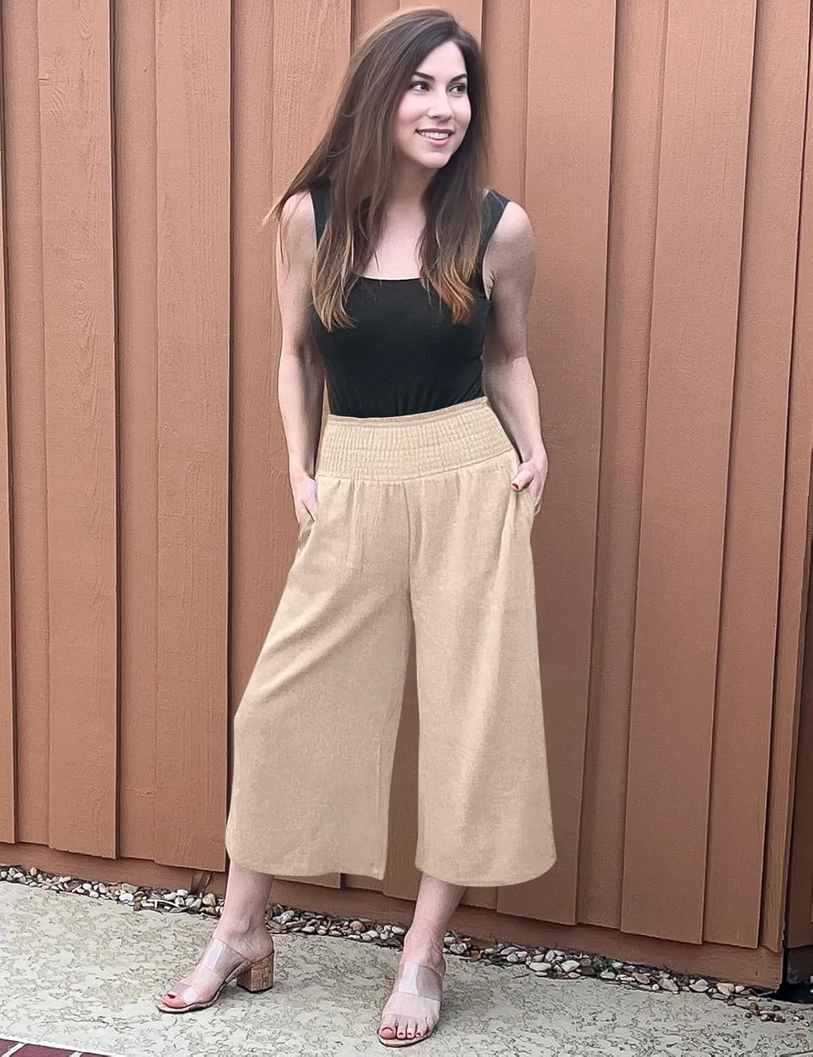 TARSE Womens Linen Palazzo Capri Pants Boho Summer Smocked High Waist Wide Leg Casual Loose Trousers with Pockets Flowy Pants