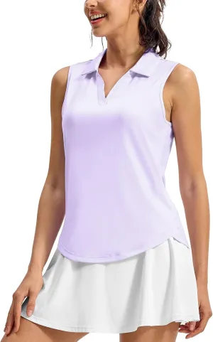 TBMPOY Women's Golf Shirts Sleeveless Collared Polo Tank Top UPF 50  Quick Dry Tennis V-Neck Ladies Sports