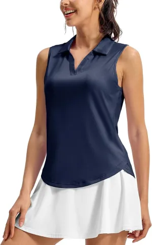 TBMPOY Women's Golf Shirts Sleeveless Collared Polo Tank Top UPF 50  Quick Dry Tennis V-Neck Ladies Sports