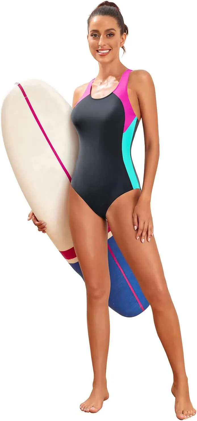 Tempt Me Women Athletic One Piece Swimsuits Sporty Racerback Bathing Suits Full Coverage Modest Swimwear