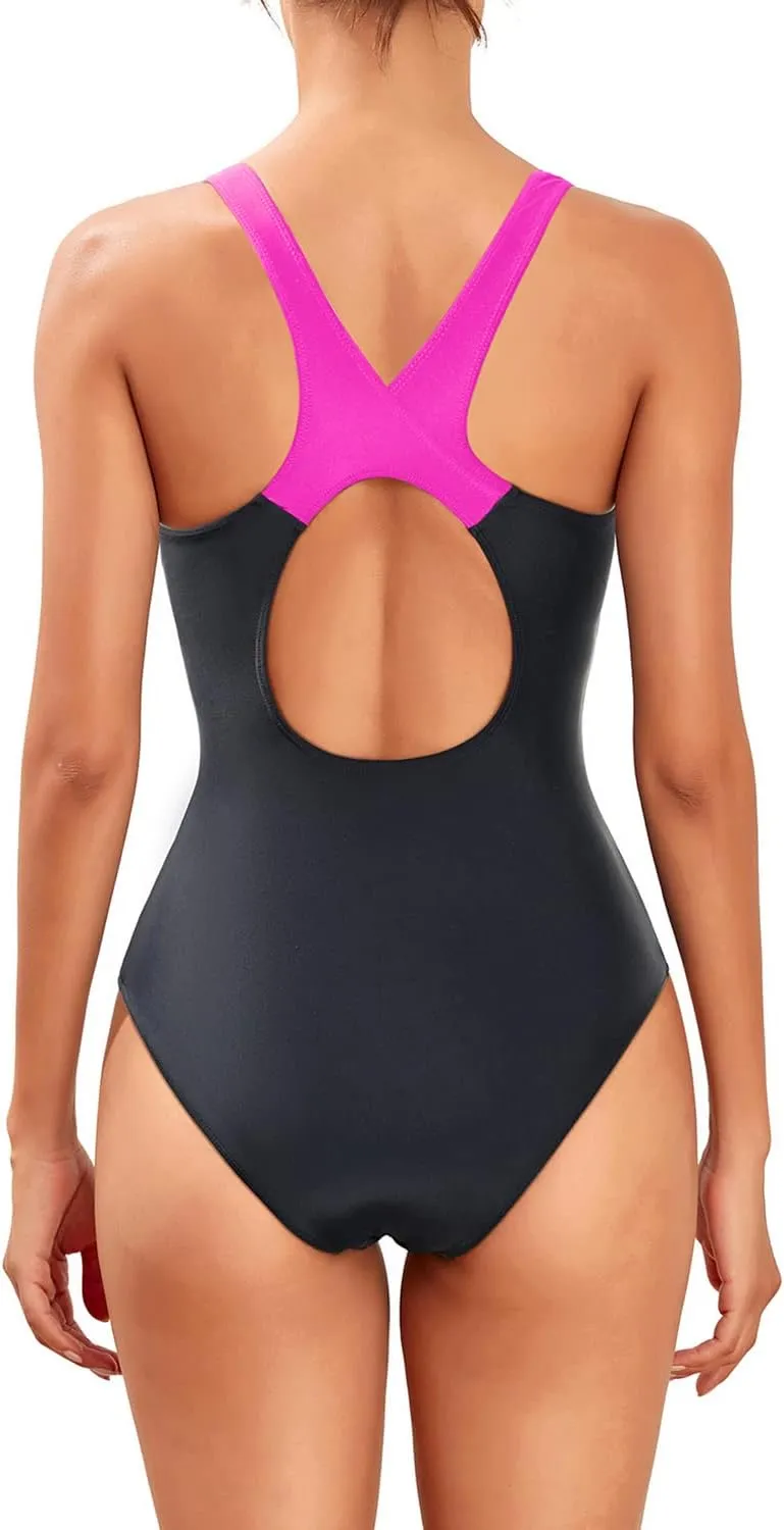 Tempt Me Women Athletic One Piece Swimsuits Sporty Racerback Bathing Suits Full Coverage Modest Swimwear