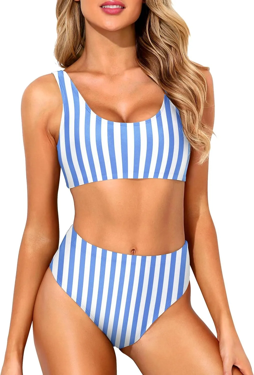 Tempt Me Women Two Piece Scoop Neck Bikini Crop Top Swimsuit Sporty High Waisted Bathing Suit