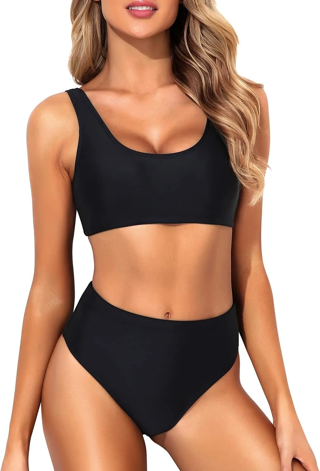 Tempt Me Women Two Piece Scoop Neck Bikini Crop Top Swimsuit Sporty High Waisted Bathing Suit