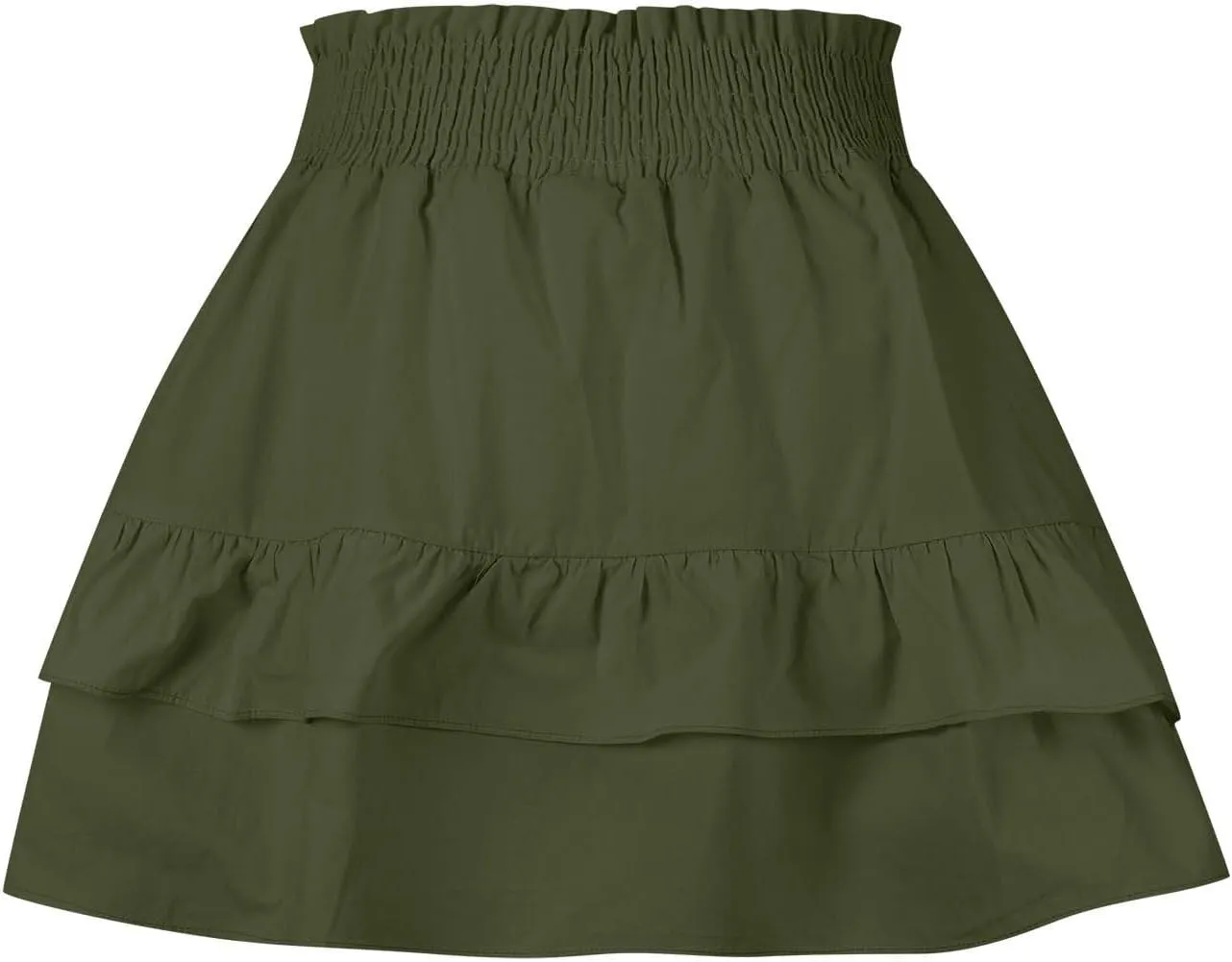 Tiered Ruffle Boho Skirts for Women Summer Cute Mini Skirt Solid Bohemian Vacation Skirts Pleated Short Skirt