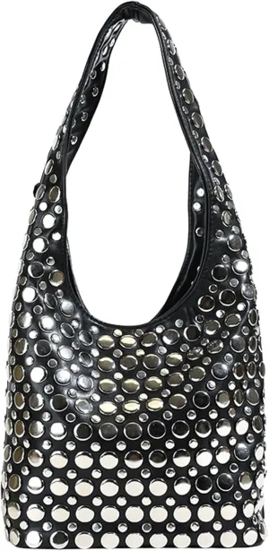 Trendy Studs Studded Shoulder Bag For Fashion Women Lightweight And Practical PU Armpit Bags Casual Bucket Handbag, Black, as the pic show