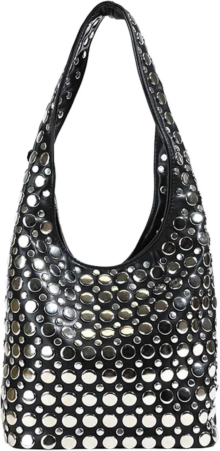 Trendy Studs Studded Shoulder Bag For Fashion Women Lightweight And Practical PU Armpit Bags Casual Bucket Handbag, Black, as the pic show
