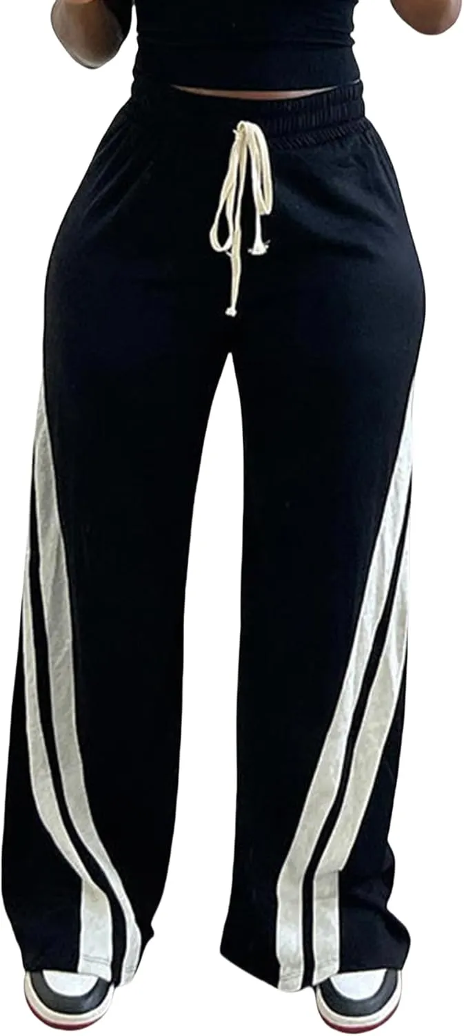 Unybwonn Women High Waist Wide Leg Sweatpants Straight Leg Elastic Waist Pants Casual Striped Pants with Drawstring