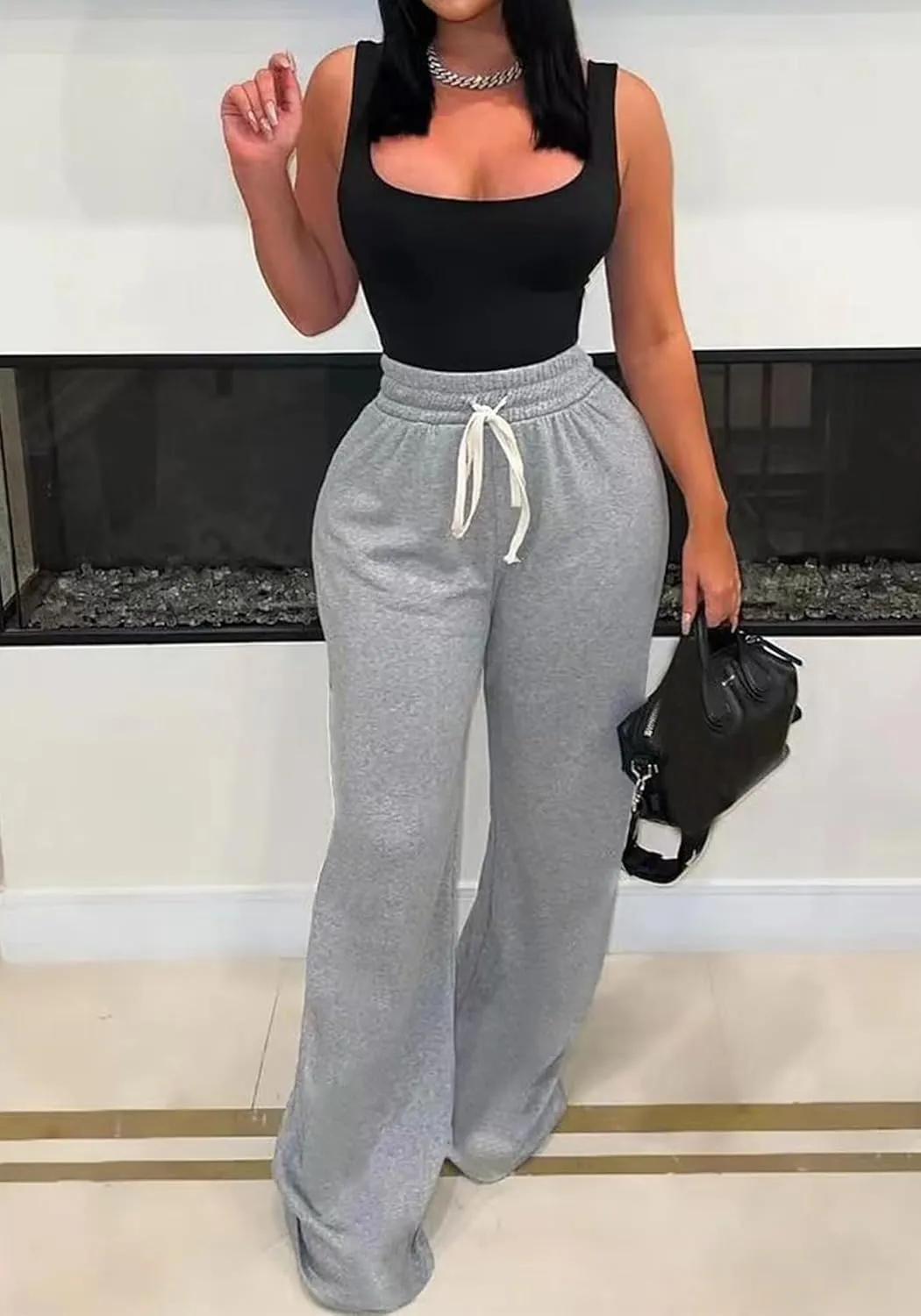 Unybwonn Women High Waist Wide Leg Sweatpants Straight Leg Elastic Waist Pants Casual Striped Pants with Drawstring