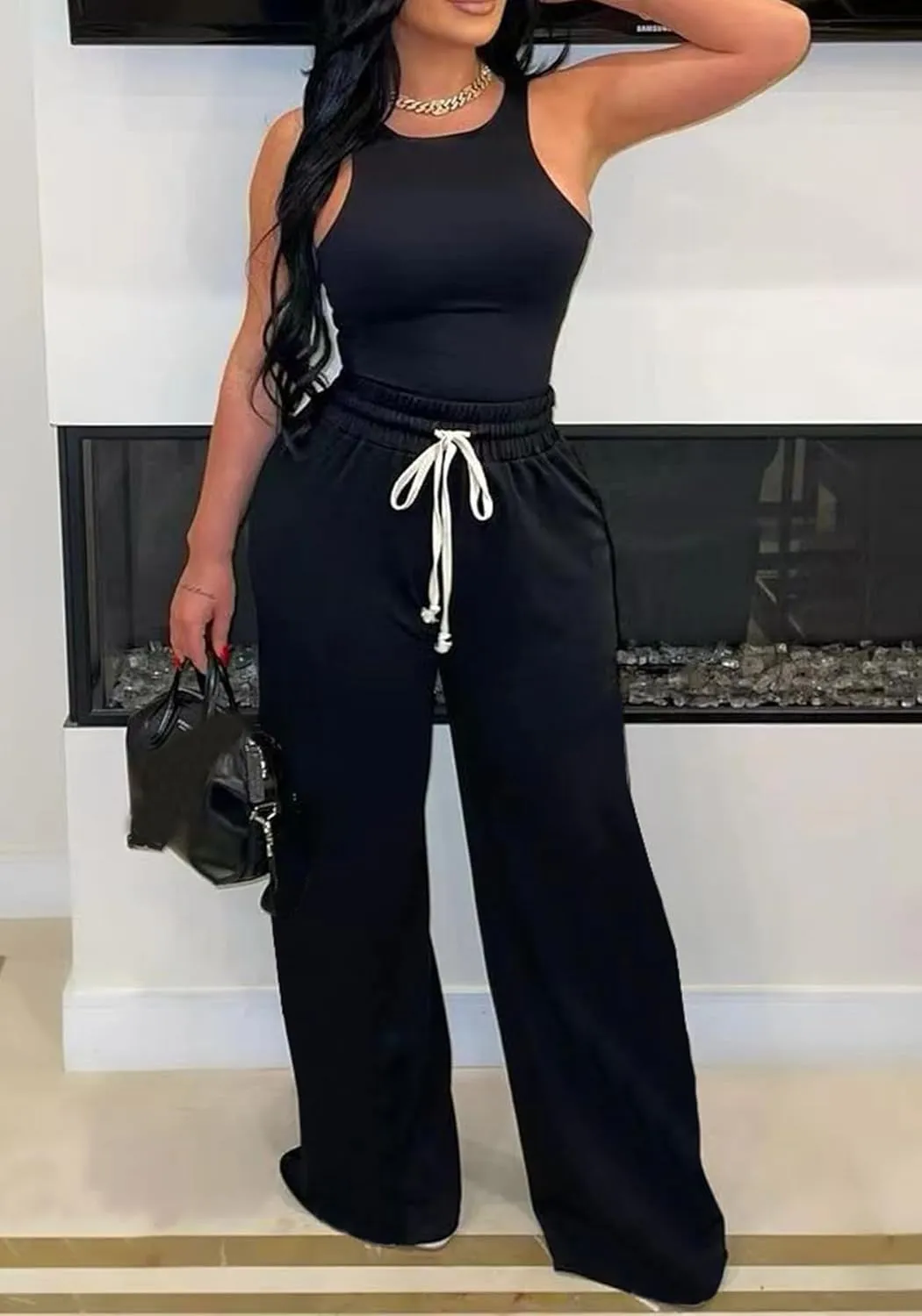 Unybwonn Women High Waist Wide Leg Sweatpants Straight Leg Elastic Waist Pants Casual Striped Pants with Drawstring