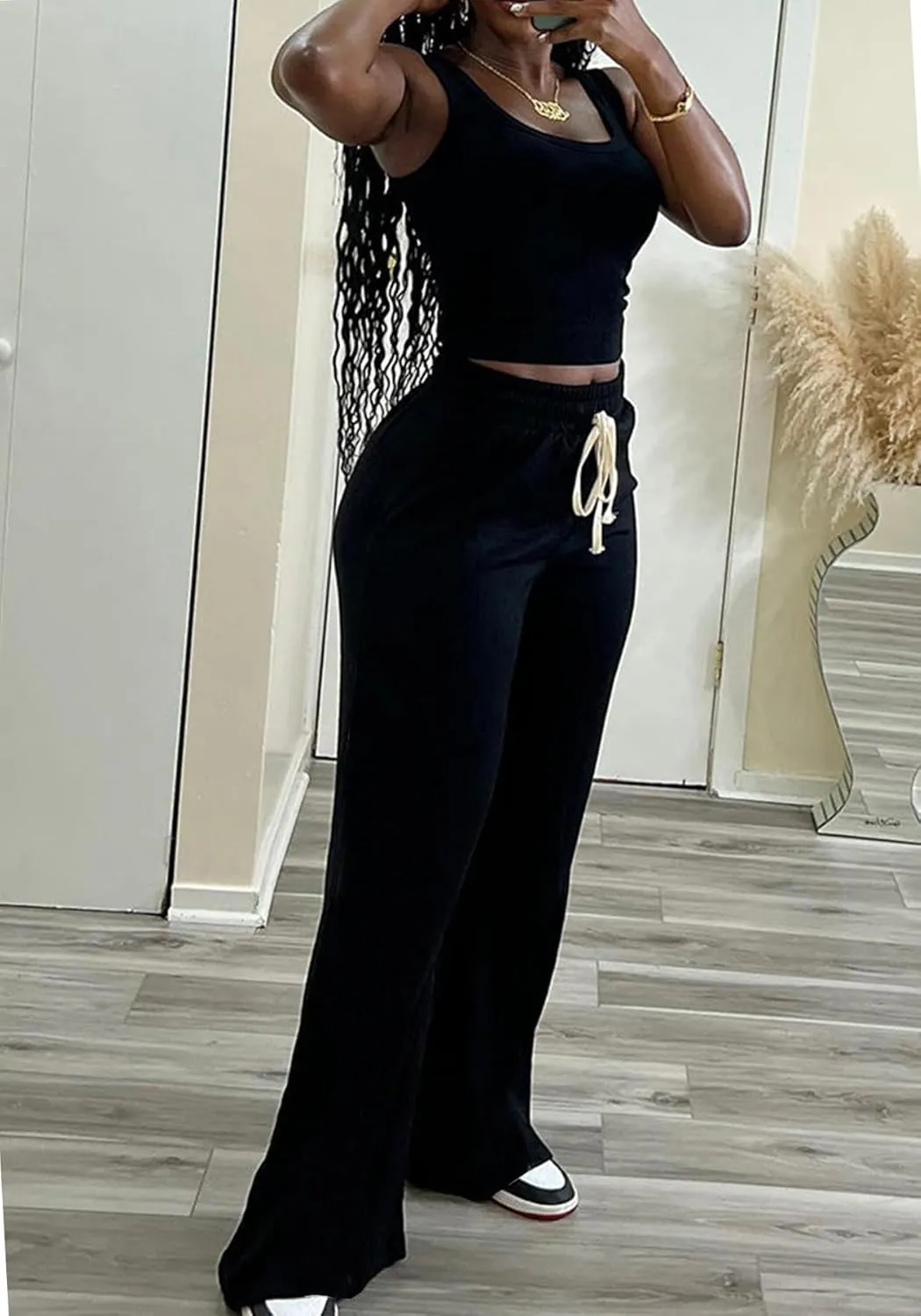 Unybwonn Women High Waist Wide Leg Sweatpants Straight Leg Elastic Waist Pants Casual Striped Pants with Drawstring