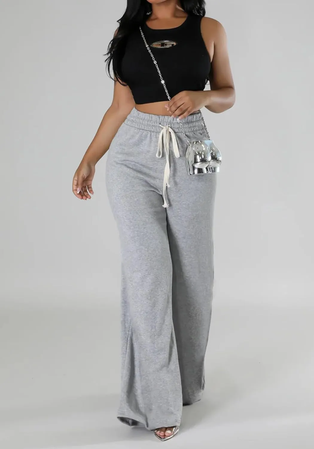 Unybwonn Women High Waist Wide Leg Sweatpants Straight Leg Elastic Waist Pants Casual Striped Pants with Drawstring