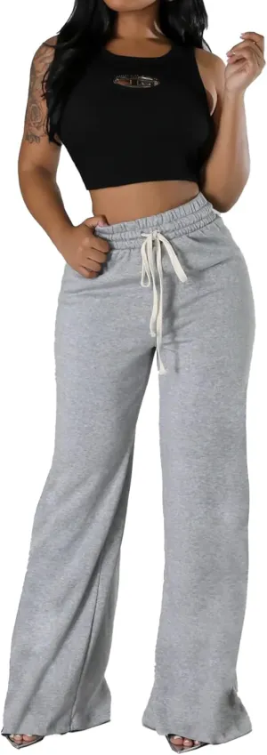 Unybwonn Women High Waist Wide Leg Sweatpants Straight Leg Elastic Waist Pants Casual Striped Pants with Drawstring
