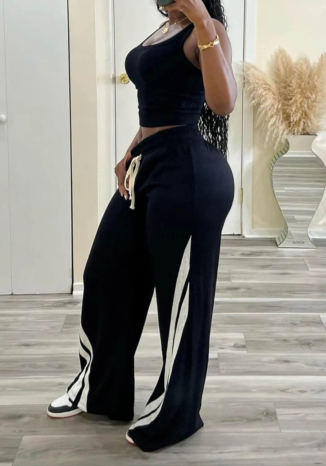 Unybwonn Women High Waist Wide Leg Sweatpants Straight Leg Elastic Waist Pants Casual Striped Pants with Drawstring