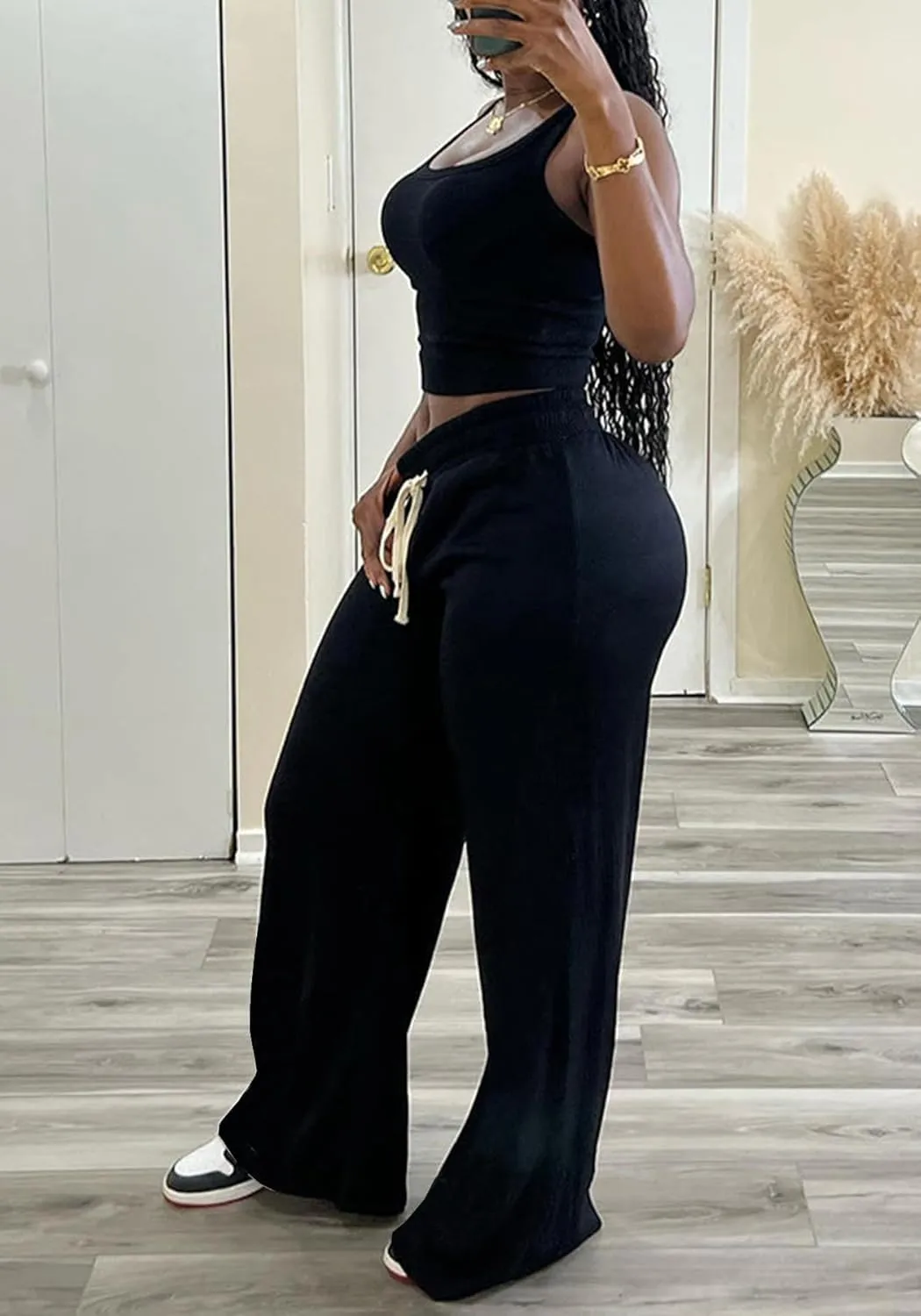 Unybwonn Women High Waist Wide Leg Sweatpants Straight Leg Elastic Waist Pants Casual Striped Pants with Drawstring