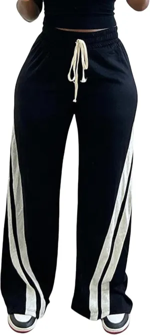 Unybwonn Women High Waist Wide Leg Sweatpants Straight Leg Elastic Waist Pants Casual Striped Pants with Drawstring