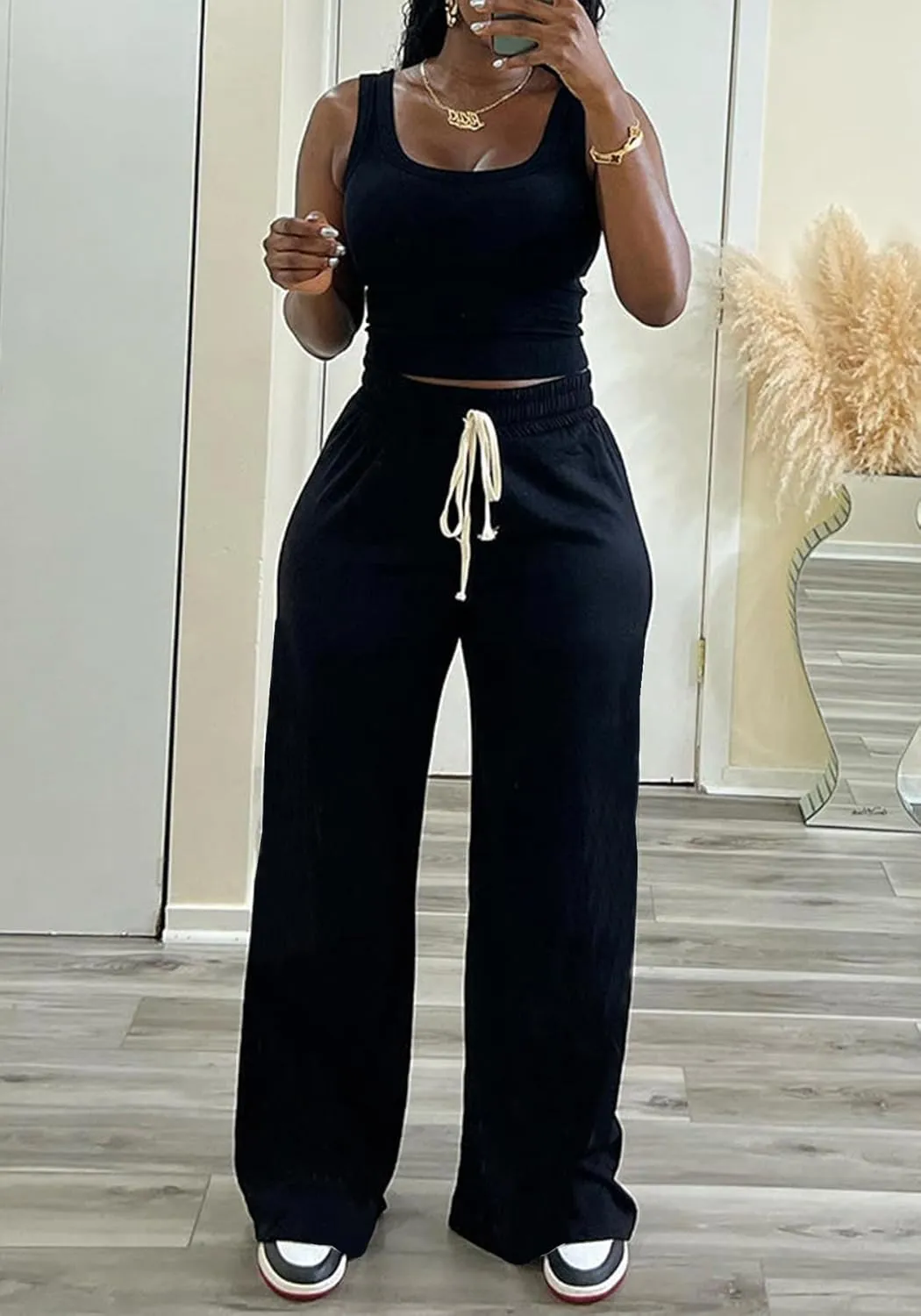 Unybwonn Women High Waist Wide Leg Sweatpants Straight Leg Elastic Waist Pants Casual Striped Pants with Drawstring