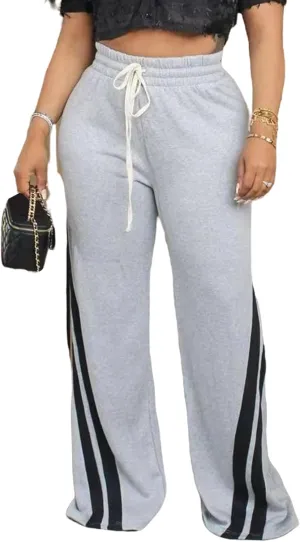 Unybwonn Women High Waist Wide Leg Sweatpants Straight Leg Elastic Waist Pants Casual Striped Pants with Drawstring