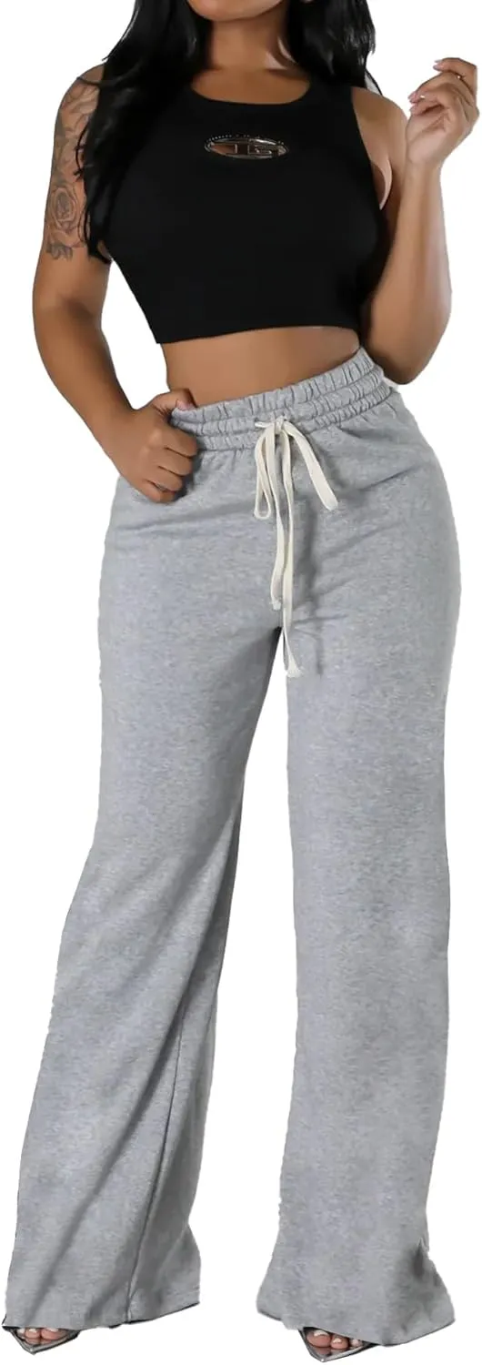 Unybwonn Women High Waist Wide Leg Sweatpants Straight Leg Elastic Waist Pants Casual Striped Pants with Drawstring