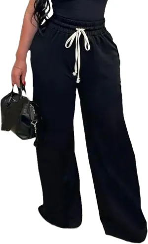 Unybwonn Women High Waist Wide Leg Sweatpants Straight Leg Elastic Waist Pants Casual Striped Pants with Drawstring