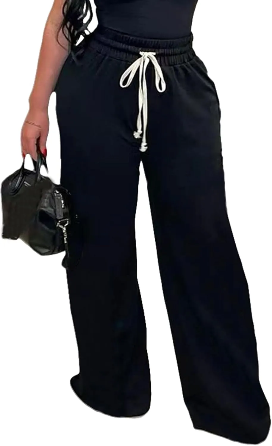 Unybwonn Women High Waist Wide Leg Sweatpants Straight Leg Elastic Waist Pants Casual Striped Pants with Drawstring