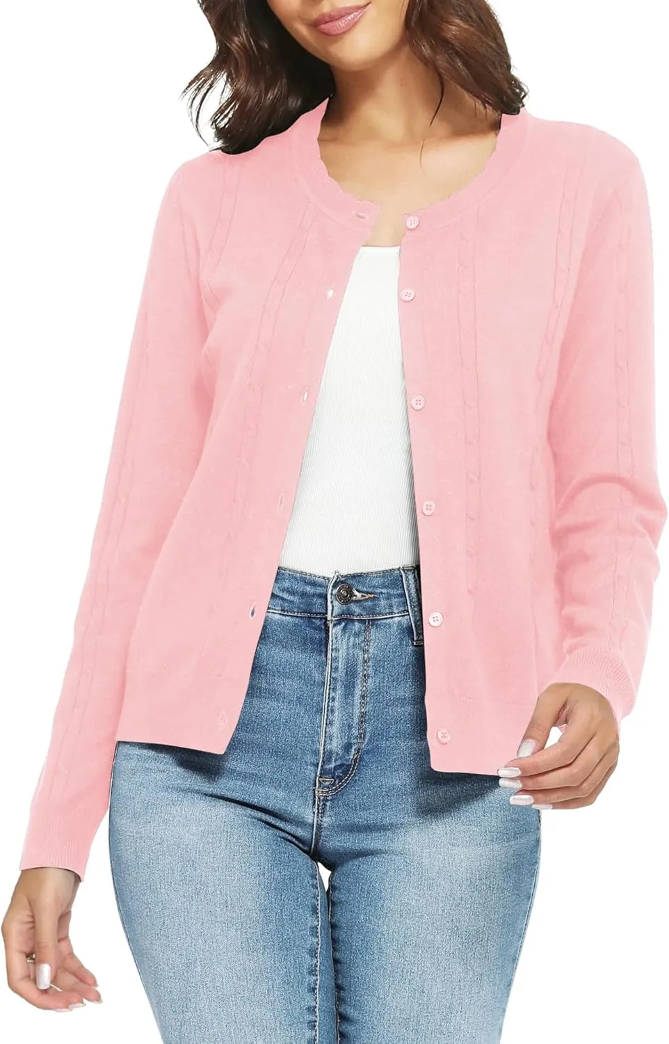 Urban CoCo Women's Lightweight Crew Neck Cropped Cardigan Long Sleeve Open Front Soft Knit Tops Casual Outfit