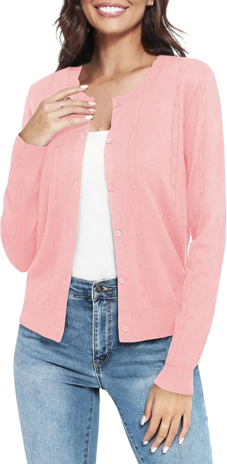 Urban CoCo Women's Lightweight Crew Neck Cropped Cardigan Long Sleeve Open Front Soft Knit Tops Casual Outfit
