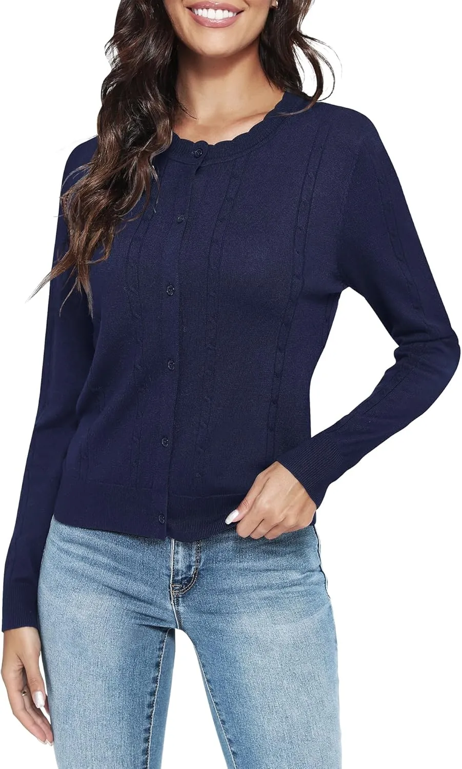 Urban CoCo Women's Lightweight Crew Neck Cropped Cardigan Long Sleeve Open Front Soft Knit Tops Casual Outfit