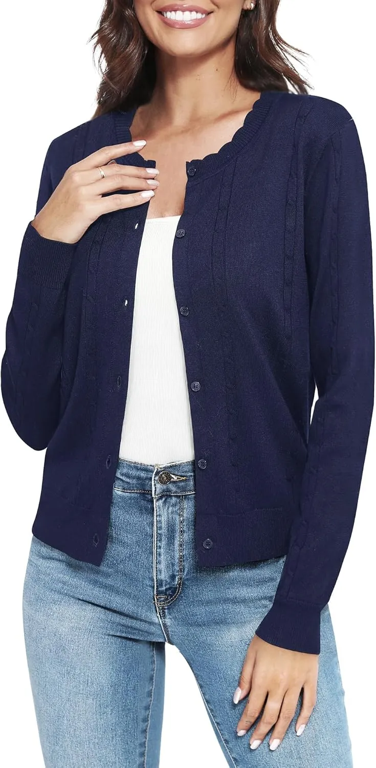 Urban CoCo Women's Lightweight Crew Neck Cropped Cardigan Long Sleeve Open Front Soft Knit Tops Casual Outfit