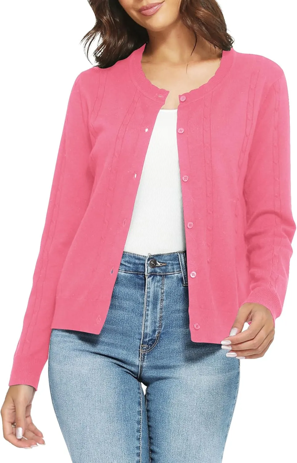 Urban CoCo Women's Lightweight Crew Neck Cropped Cardigan Long Sleeve Open Front Soft Knit Tops Casual Outfit
