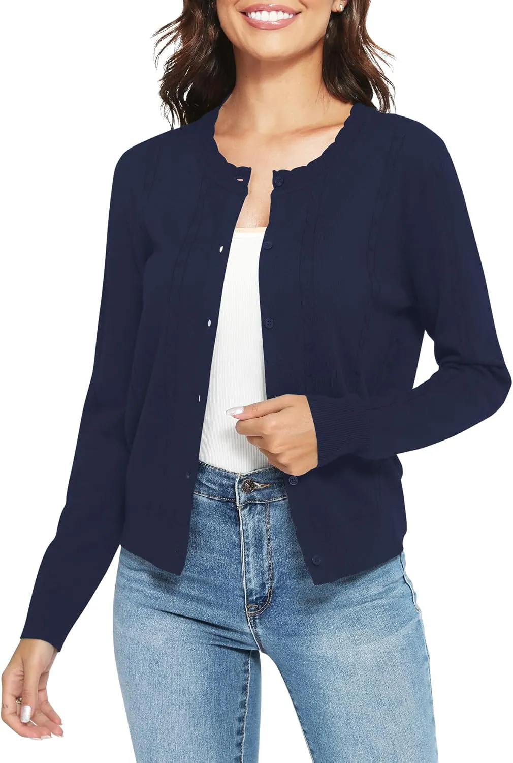 Urban CoCo Women's Lightweight Crew Neck Cropped Cardigan Long Sleeve Open Front Soft Knit Tops Casual Outfit