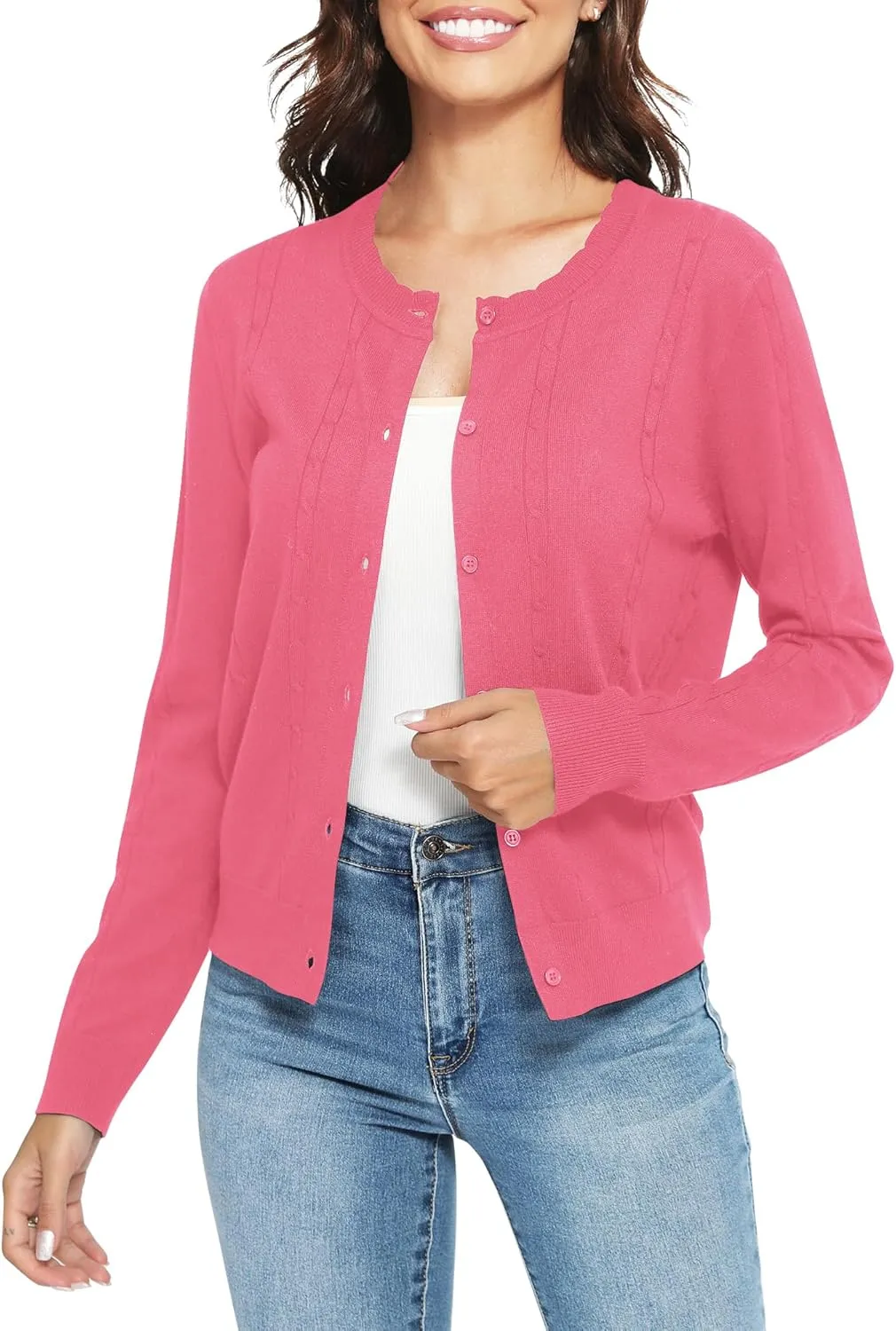 Urban CoCo Women's Lightweight Crew Neck Cropped Cardigan Long Sleeve Open Front Soft Knit Tops Casual Outfit