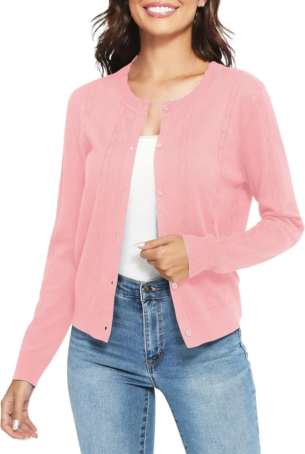 Urban CoCo Women's Lightweight Crew Neck Cropped Cardigan Long Sleeve Open Front Soft Knit Tops Casual Outfit