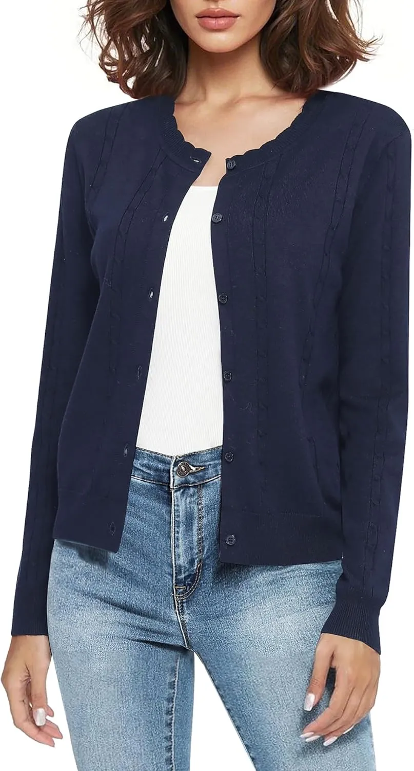 Urban CoCo Women's Lightweight Crew Neck Cropped Cardigan Long Sleeve Open Front Soft Knit Tops Casual Outfit