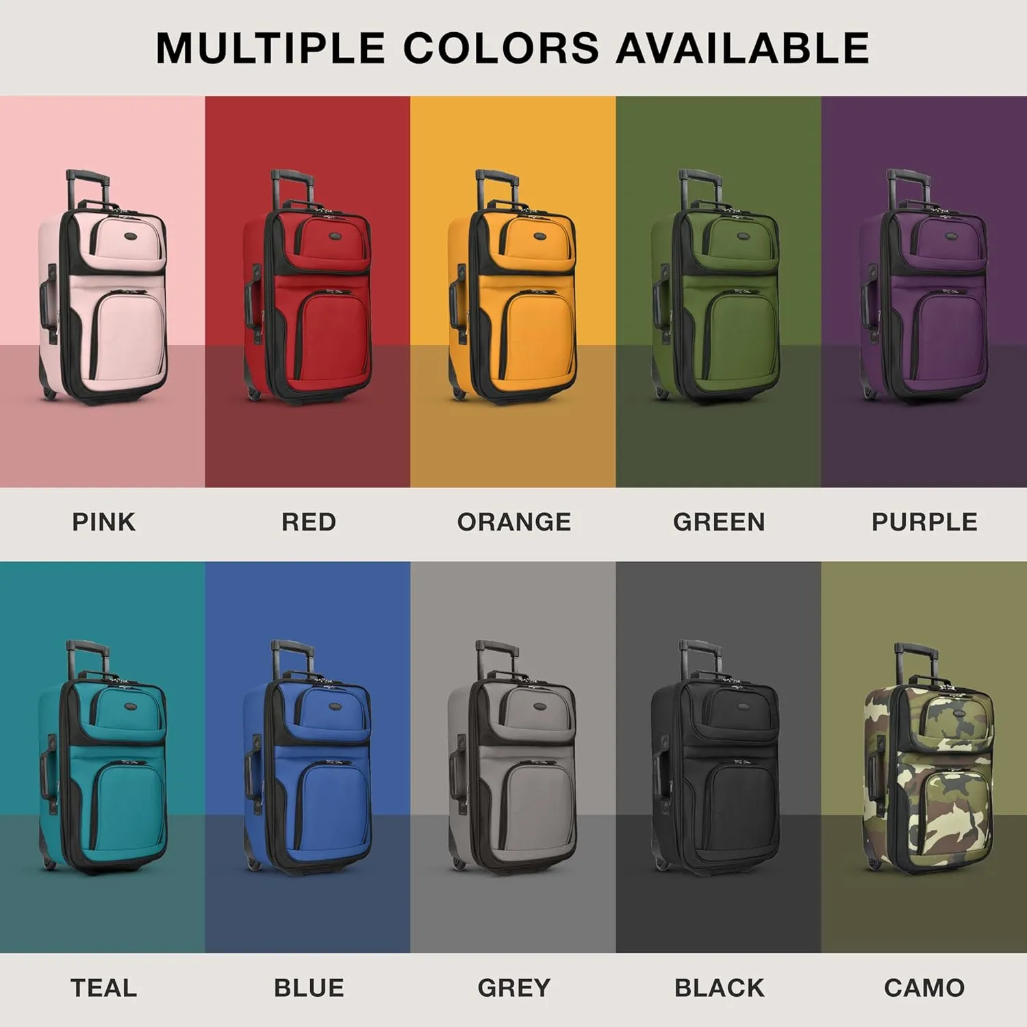 U.S. Traveler Rio Rugged Fabric Expandable Carry-on Luggage, Rolling Suitcase, Camouflage, 2 Wheel Set