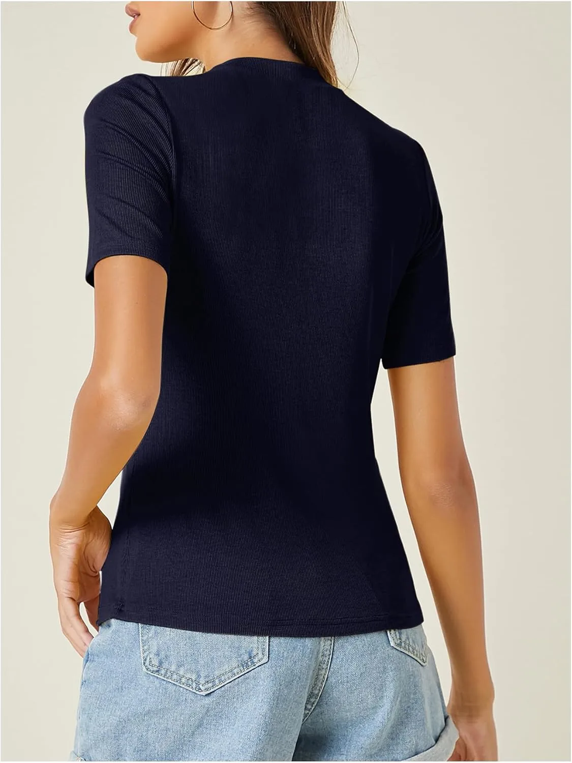 Verdusa Women's Business Casual Tops Mock Neck Short Sleeve Knit Basic Tees Work Ofiice Outfits