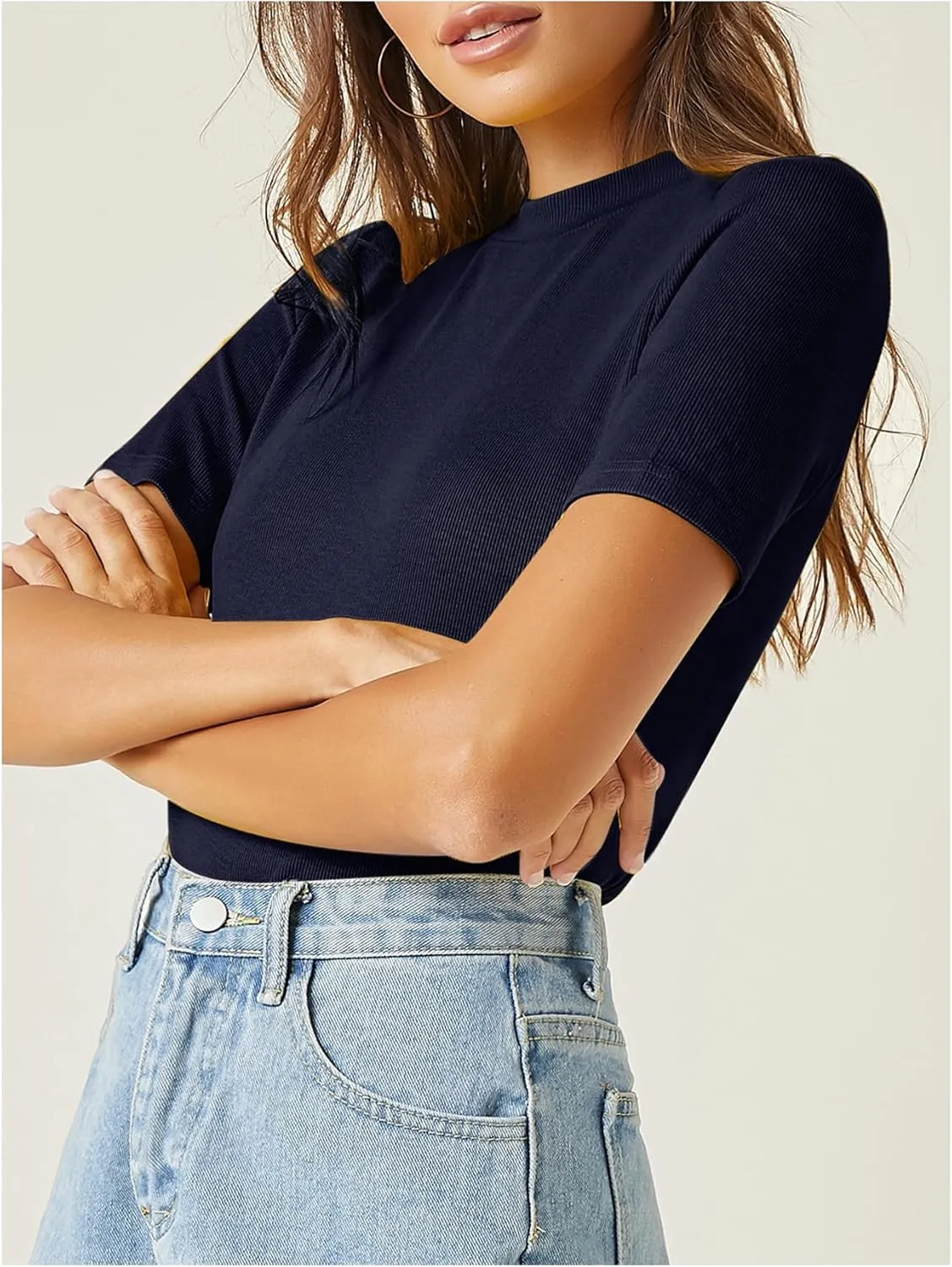 Verdusa Women's Business Casual Tops Mock Neck Short Sleeve Knit Basic Tees Work Ofiice Outfits
