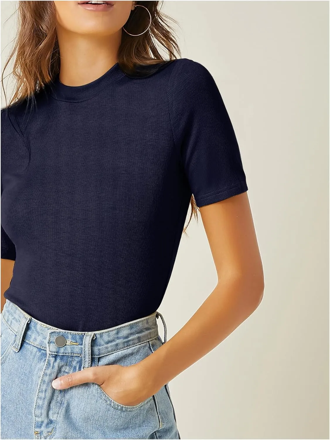 Verdusa Women's Business Casual Tops Mock Neck Short Sleeve Knit Basic Tees Work Ofiice Outfits