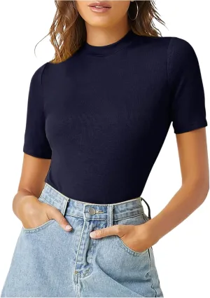 Verdusa Women's Business Casual Tops Mock Neck Short Sleeve Knit Basic Tees Work Ofiice Outfits