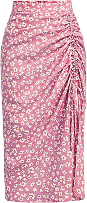 Verdusa Women's Ditsy Floral Print Ruched Skirt Split Thigh Casual Long Skirts