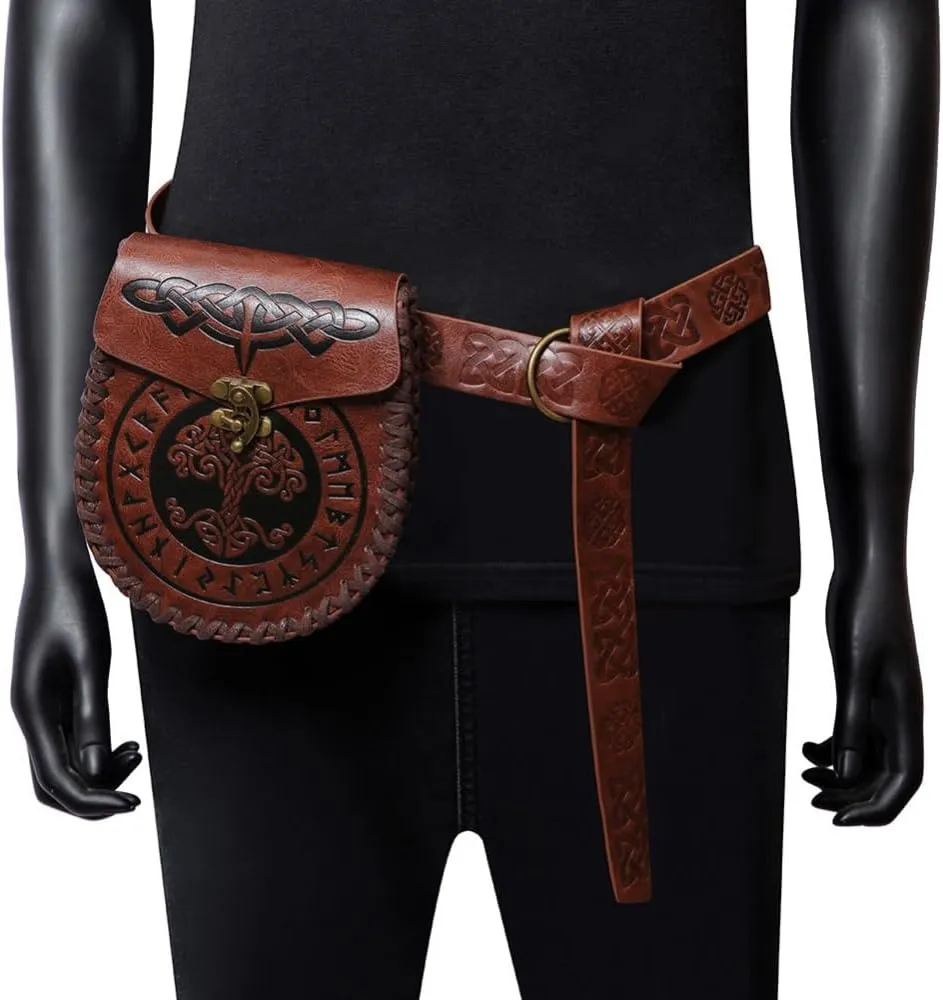 Waist Bag PU Leather Retro Purse Steampunk Bag Waist Belt Change Purse Satchel Gothic Knurling Costume Accessory (Brown,Belt)