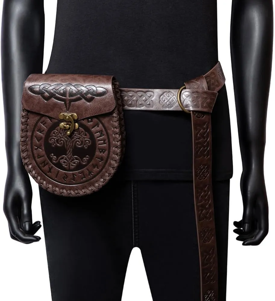 Waist Bag PU Leather Retro Purse Steampunk Bag Waist Belt Change Purse Satchel Gothic Knurling Costume Accessory (Brown,Belt)