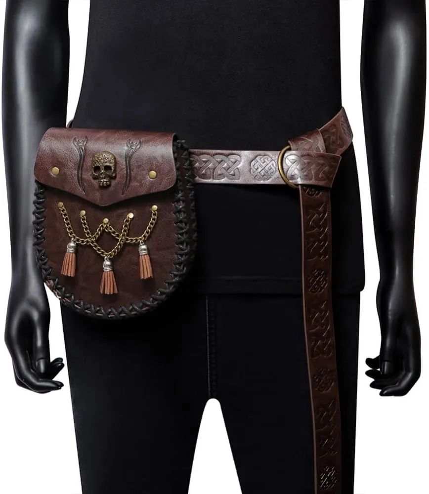 Waist Bag PU Leather Retro Purse Steampunk Bag Waist Belt Change Purse Satchel Gothic Knurling Costume Accessory (Brown,Belt)