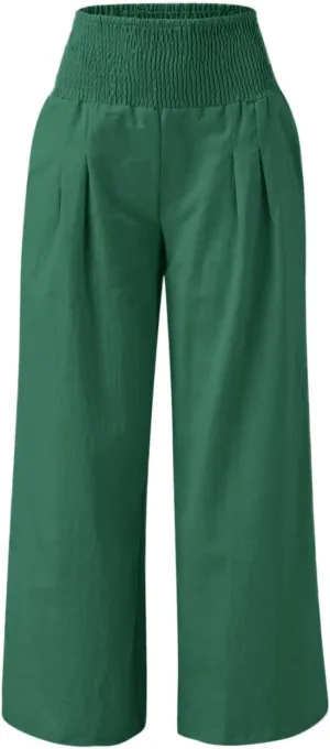 Wide Leg Linen Pants for Women Boho Beach Pants Casual Elastic High Waist Comfort Trendy Palazzo Pants